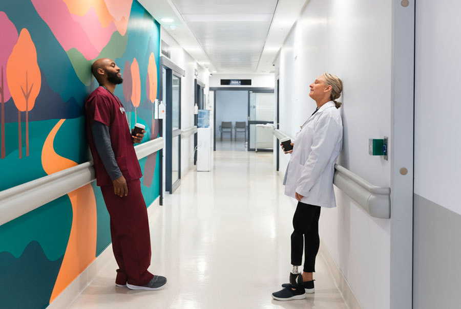 Doctora observa un colorido mural en hospital