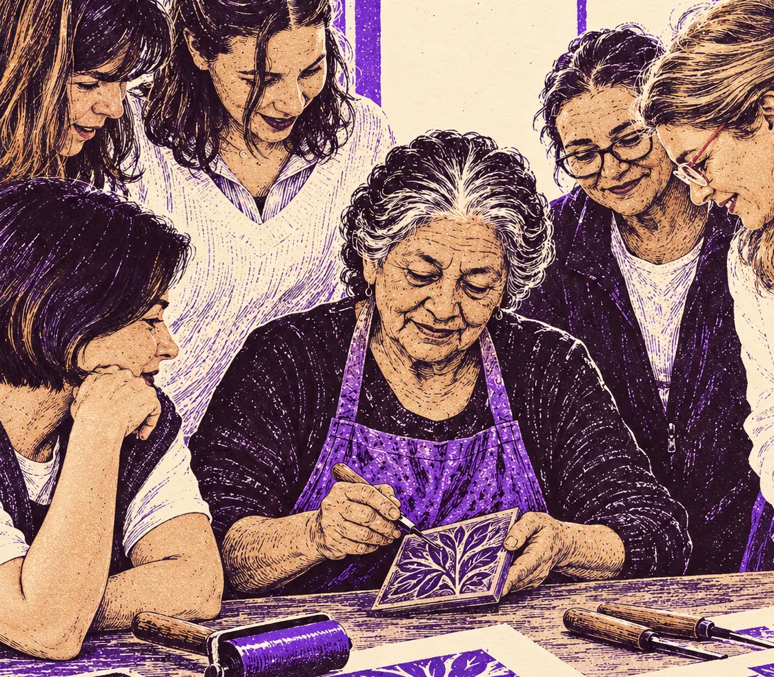 Grupo de mujeres en un taller de grabado